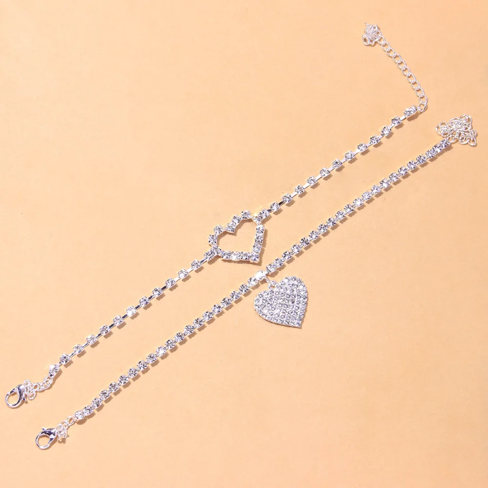Stonefans 2Pcs/Set Bohemian Women Rhinestone Heart Anklets Foot Bracelet Summer Beach Chain Love Pendant Ankle Bracelet Jewelry