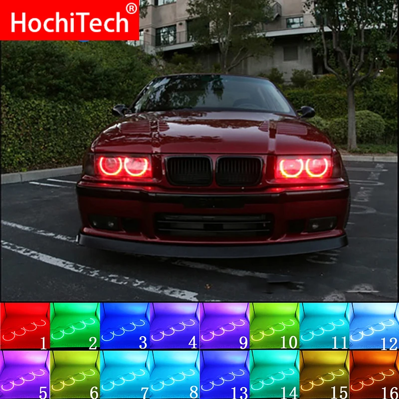 Lumière de Sauna Multicolore pour BMW Série 3 E36, 1990-2000, 4x131mm, LED RGB, Angel Eyes, Ring Eye, DRL, RF, Télécommande, Dernière