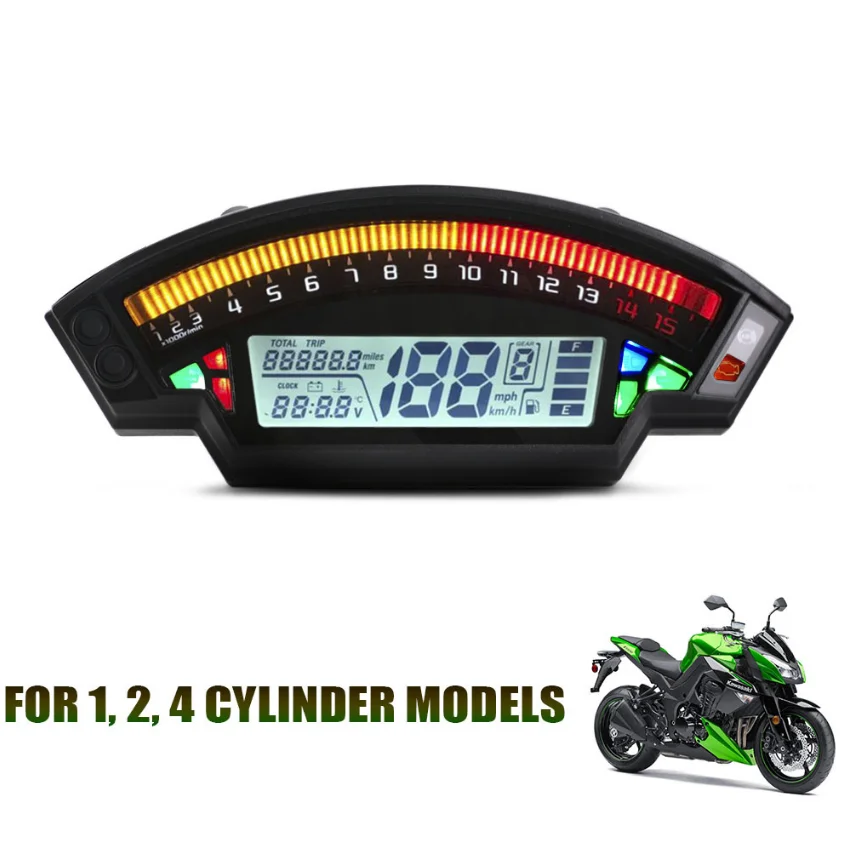 

For 1 2 4 Cylinders Engine Digital Motorcycle Speedometer 199KM/H Odometer 15000RPM 6 Gear Oil Level LED Display Dashboard