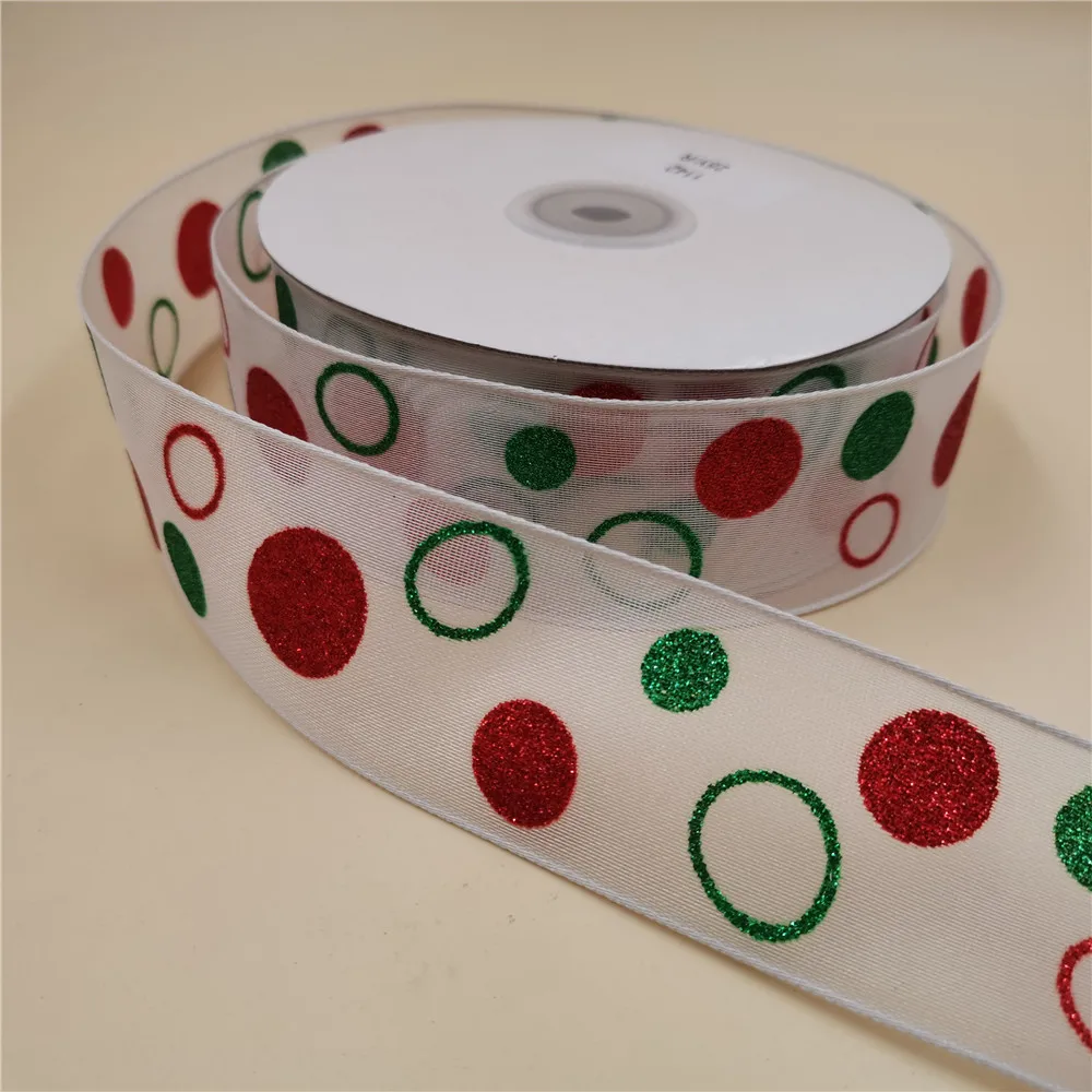 

38MM Wire Edge White Ribbon Red&Green Glitter Dots For Dress Bow Birthday Decoration Chirstmas Gift DIY Wrapping 25Yards N1142