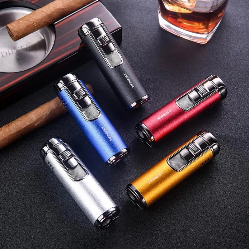 Cylindrical Metal Windproof Gas Lighter Red Flame Four Nozzle Spray Gun Multifunctional Cigar Butane Lighter Cigar Accessories