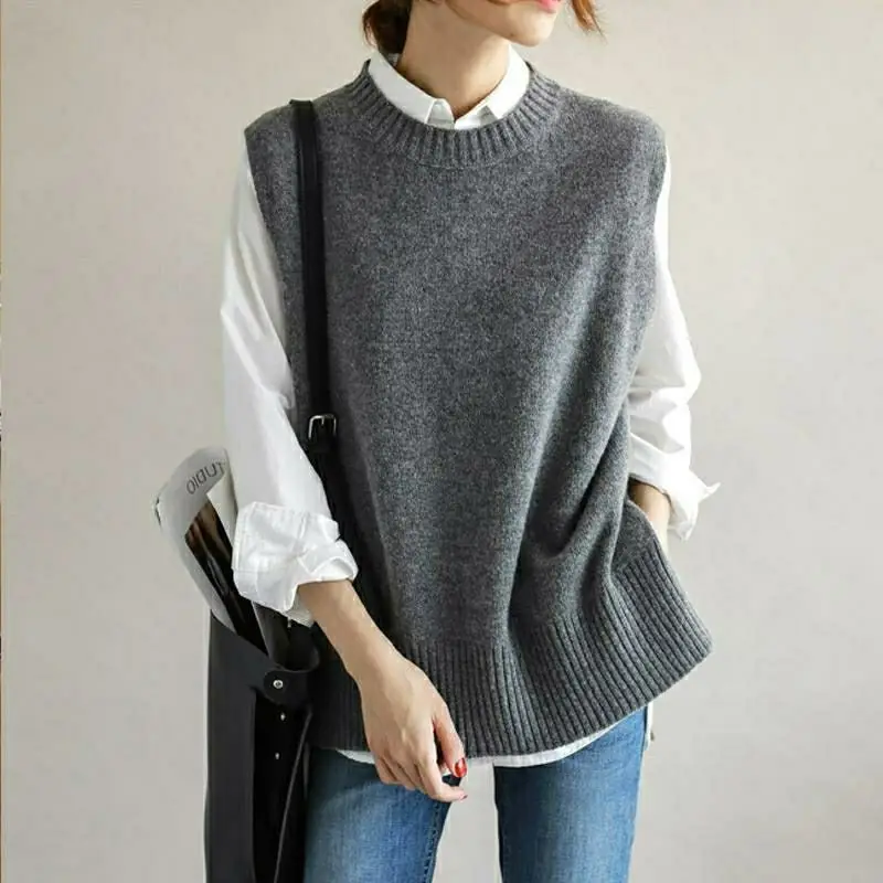 Women Sweater Vests Solid O-neck Side-slit Knitted Fashion Simple All-match Elegant Tender Loose Casual Female Retro Warm Cozy