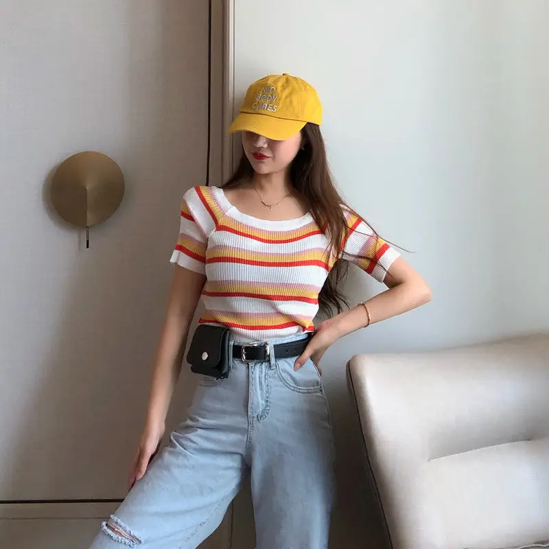 Woman TShirts Vintage Stripe Short-Sleeved Knitted T-shirt Women\'s off-Shoulder Slim Top Crop Top Mujer Camisetas