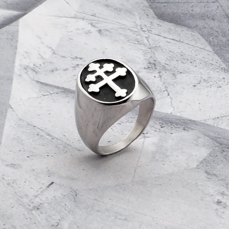 Vintage 316L Stainless Steel Silver Color Men's Classic Cross of Lorraine Signet Ring Jewelry For Friend Gift