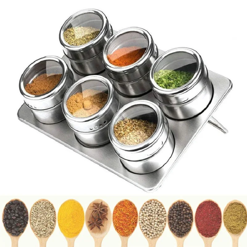 

6/9 Piece Magnetic Spice Jars Rack Set Pepper Shakers Stainless Steel Salt Shakers Spice Tins Seasoning Box Condiment Container