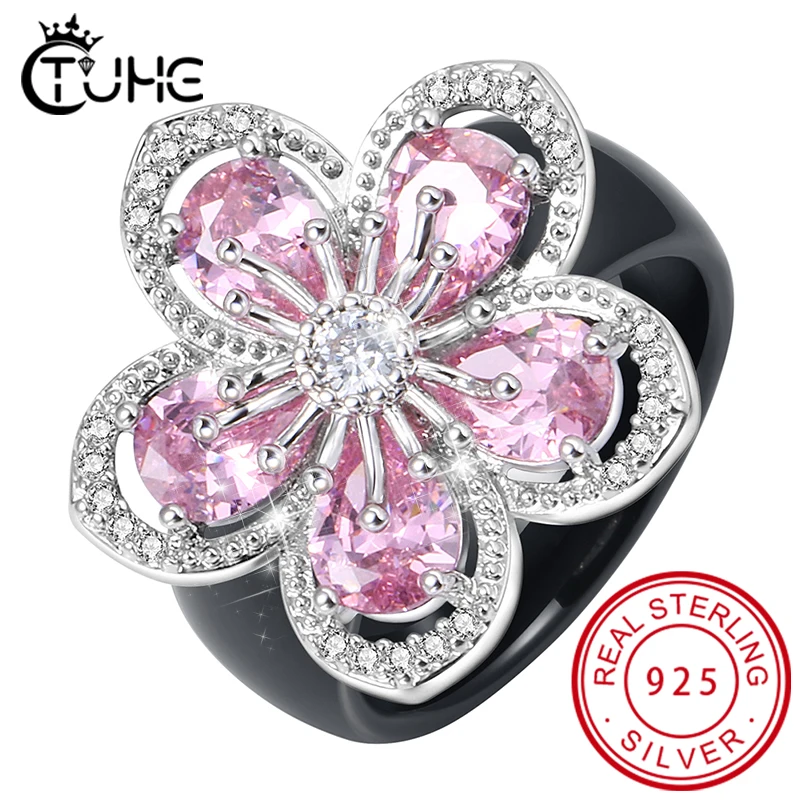 

New Luxury Solid 925 Sterling Silver Rings for Women Wedding Pink AAA CZ Big Flower Healthy Ceramic Rings Wedding Jewelry Gift