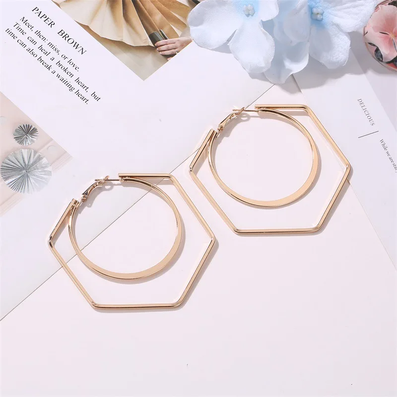 New Hollow Big Hexagon Round Hoop Earrings For Women Gold Color Simple Statement Trendy Jewelry Wholesale Nice Gifts