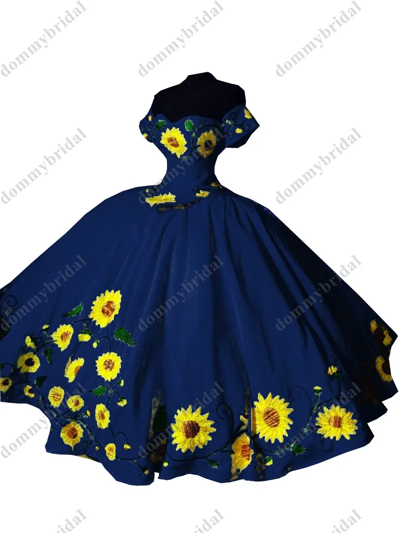 2023 Dark Blau Sonnenblumen Stickerei Ballkleid Günstige Quinceanera Kleid Charro Mexikanischen Satin Off Schulter mit Ärmeln Formale Prom