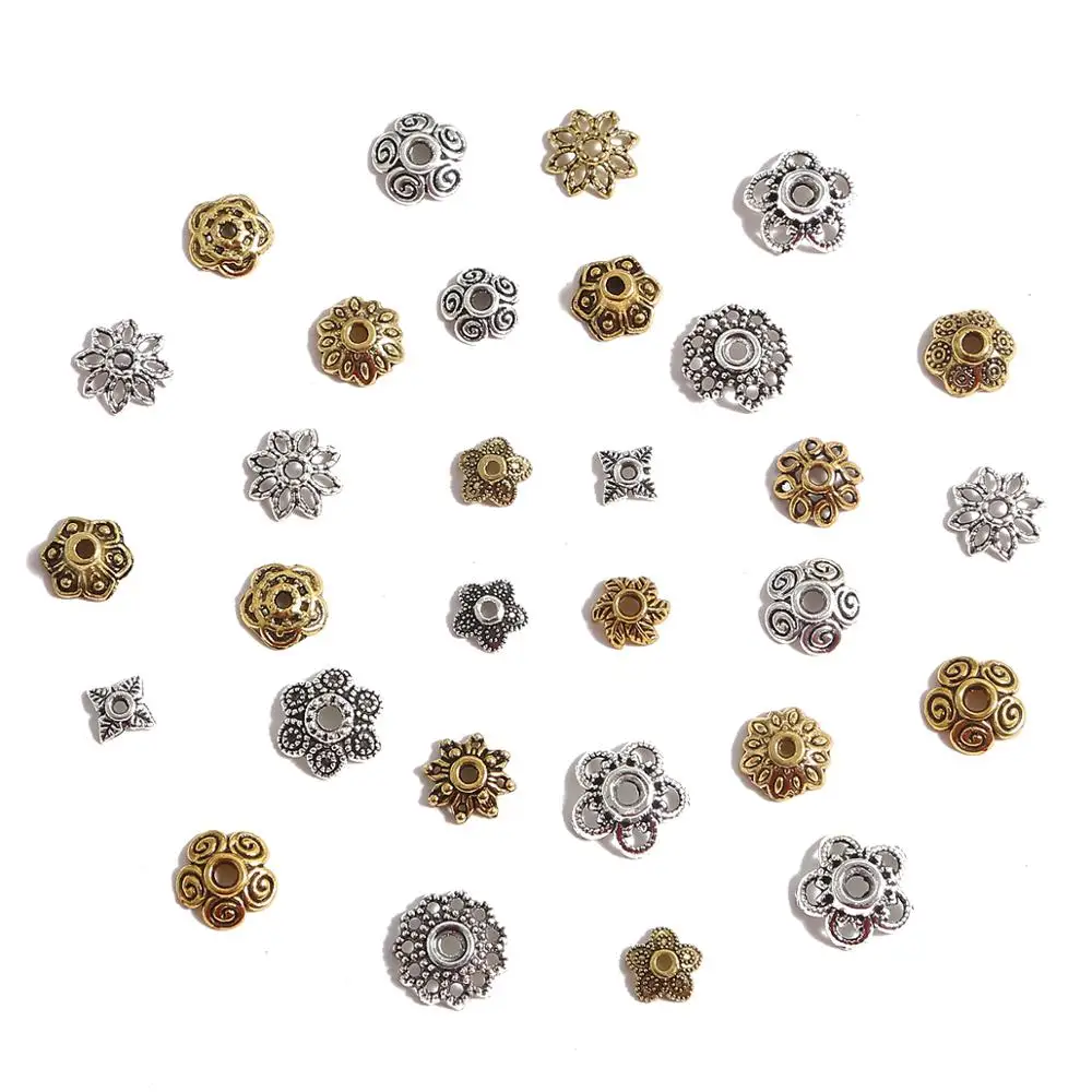 50pcs Tibetan Antique Silver Color Gold Leaf Flower Bead End Caps For Jewelry Making Needlework Spacer Bead Caps DIY Accessories