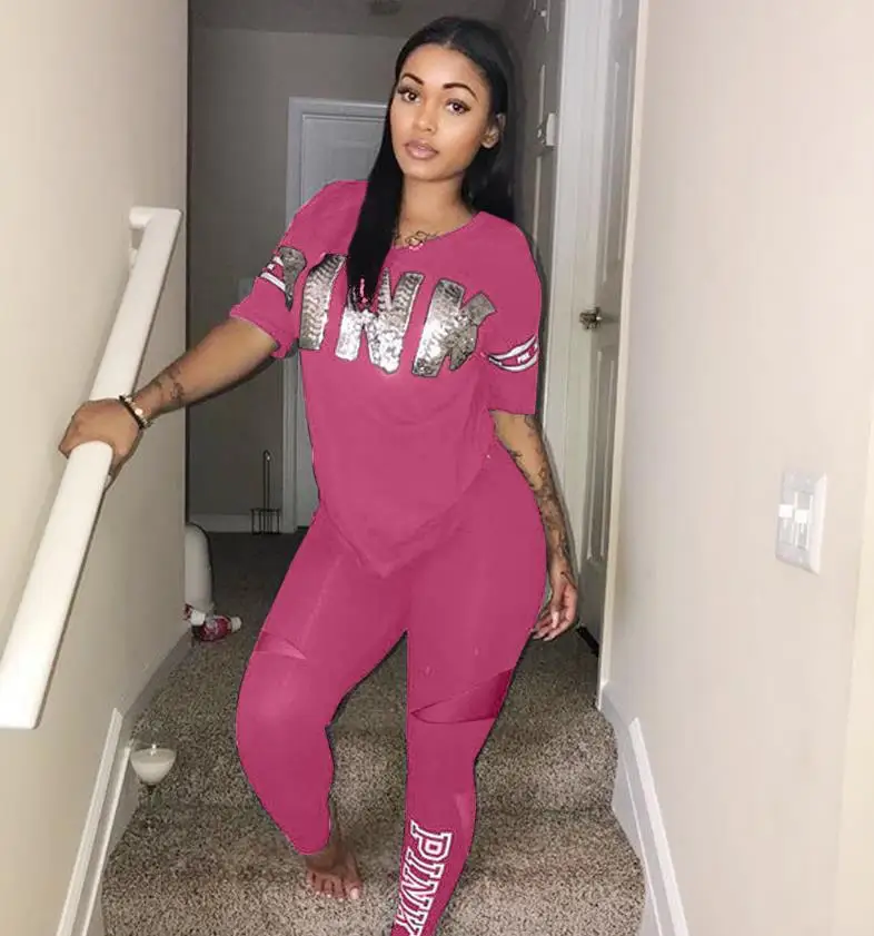 Two Piece Sets Women Pink Letter Print Sportsuit Female Casual Plus  Skinny Pants Sweatsuit Two Piece Tracksuit 2pcs Outfit 2024