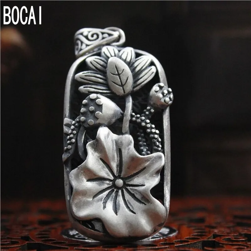 

2021 New hand-carved double lotus S925 silver pendant for Women Thai silver embossed enamel lotus leaf pendant woman's pendant