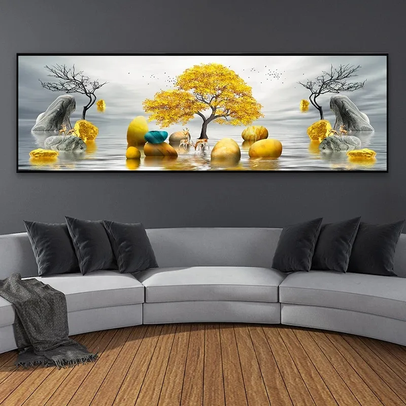 

Modern Golden Abstract Art Golden Tree and Stone Pictures Painting Wall Art for Living Room Home Decor Canvas Wall Art