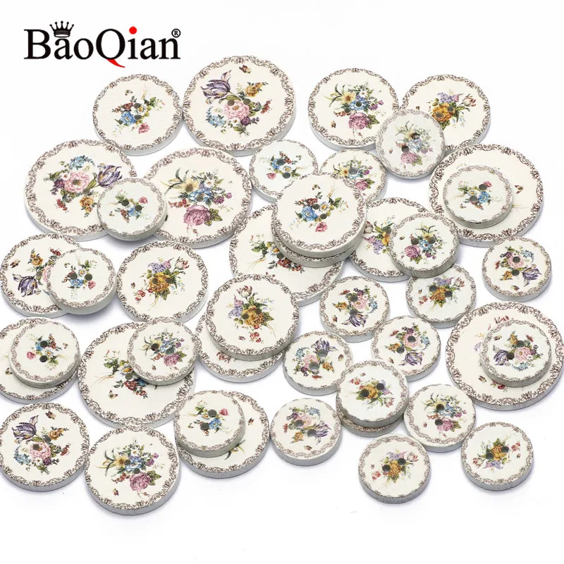 50pcs 15/20/25mm White Flower Painted 2 Hole Round Wood Button For Clothing Decoration Scrapbooking Diy Home Sewing Accessories