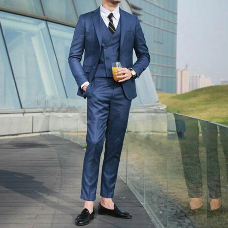 Double-breasted Vest Men\'s 3 Pieces Navy Suits Groom Wedding Formal Party Tuxedo Costume Homme Coat Blazer (Jacket+Pants+Vest)