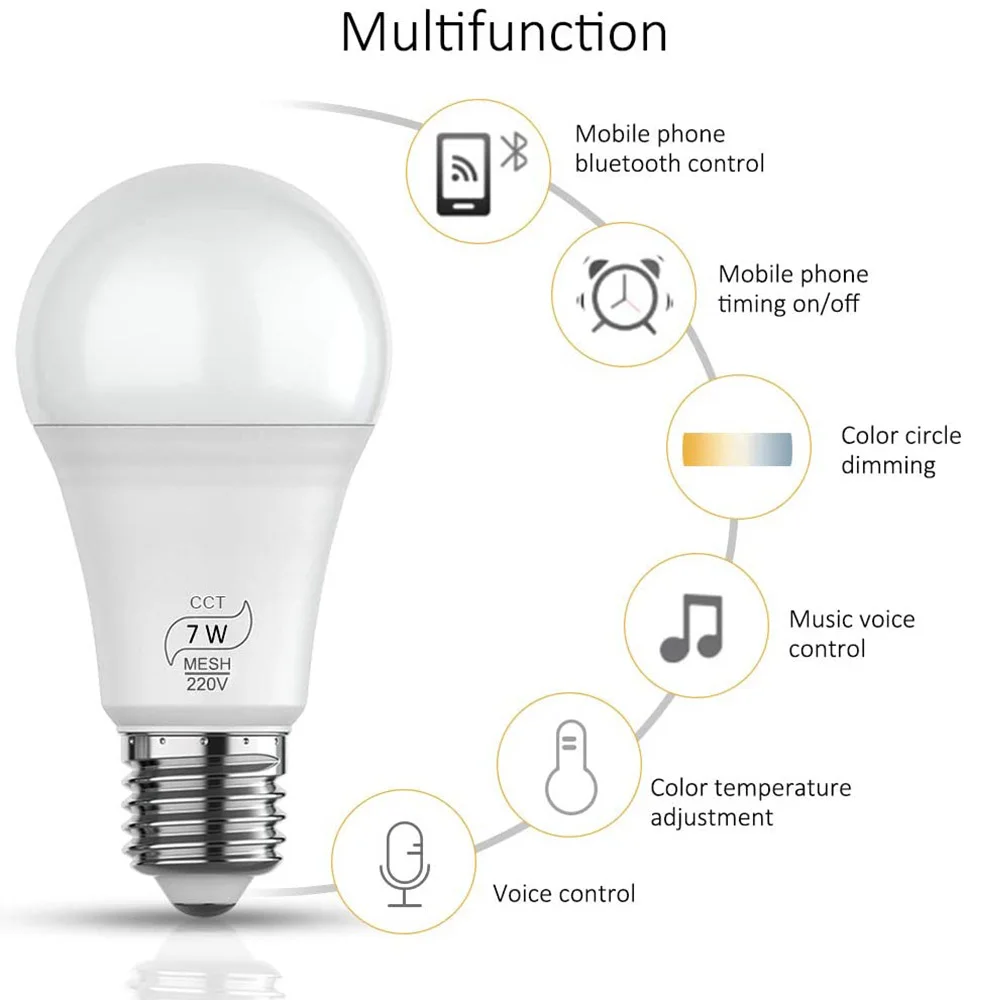 Ampoule LED E27 intelligente, compatible Bluetooth, 7W CCT, lampe à intensité variable, ac 100V 220V, BT Mesh Net, éclairage d'intérieur pour la maison