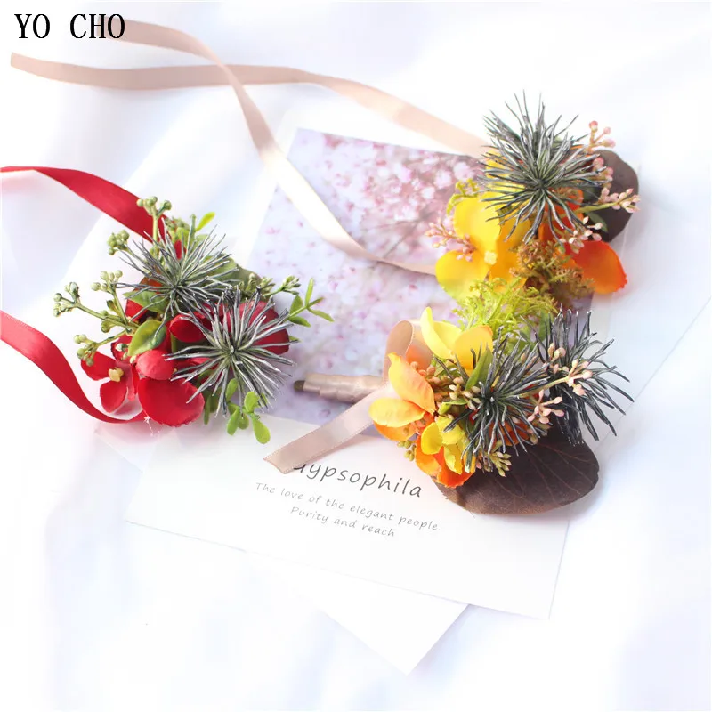 YO CHO Artificial Leaves Wrist Flower Plant Decor Wedding Corsage Dress Accessory Man Boutonniere for Wedding Prom Party