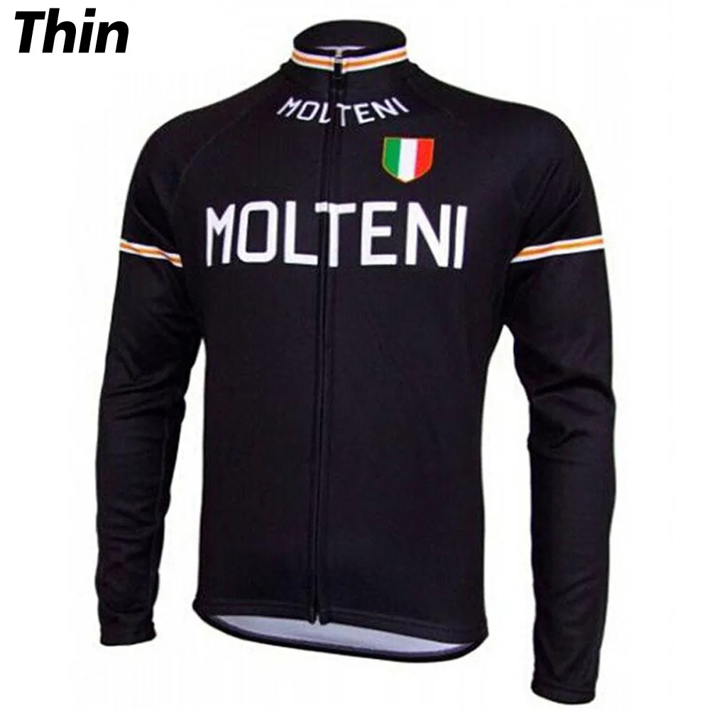 MOLTENI Classic Black Winter Fleece Cycling Jersey Retro Bike Clothing Road/MTB Bicycle Wear Shirts Long Sleeve Thin FULL ZIP