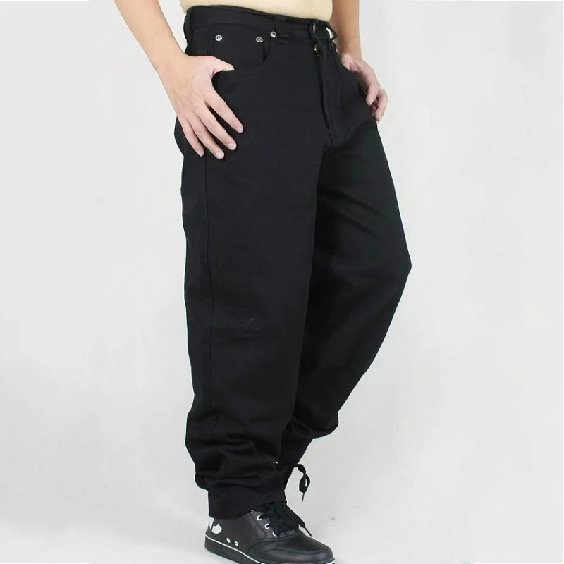 

Plus Fashion Size Hip Hop Baggy Jeans Men New Loose Fit Wide Leg Denim Pants Solid Black Pocket Dance Trousers Streetwear