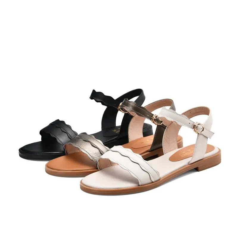 MORAZORA Plus size 34-43 New Genuine Leather Shoes Woman Buckle Flat Sandals Solid Color Casual Summer Women Sandals Footwear