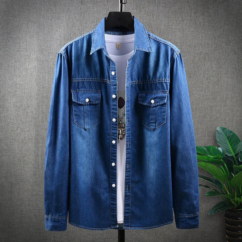 Autumn High-end Men's Denim Jacket Shirt Handsome Personality Solid Color Buttons Pocket Loose Slim Casual Trend Fashion Coats