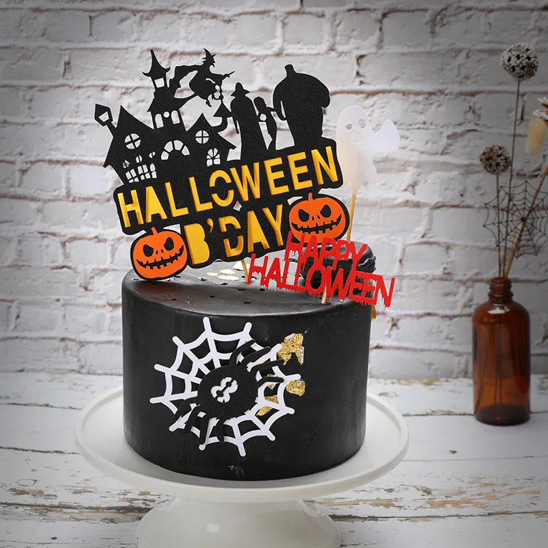 Halloween Cake Decoration Card Black Castle Bat Flag Pumpkin Witch Cake Dessert Cake Flags Topper Birthday Party Supplies DIY