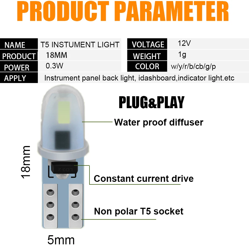 Bombilla Led T5 W3W W1.2W, indicador de luz Interior de coche, indicador de tablero, instrumento, lámpara de cuña, luz de señal automática, 12V,