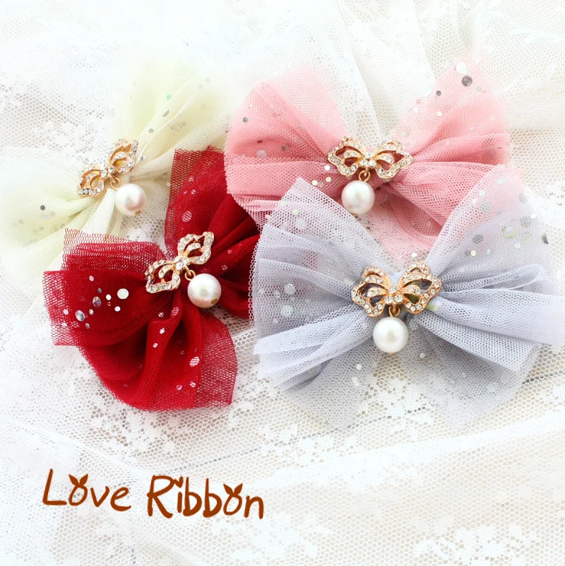 

Handmade Dog Accessories Pet Supplies Hairpin Rhinestone Butterfly Pearl Pendant Tulle Bow Knot Headdress Wedding Maltese