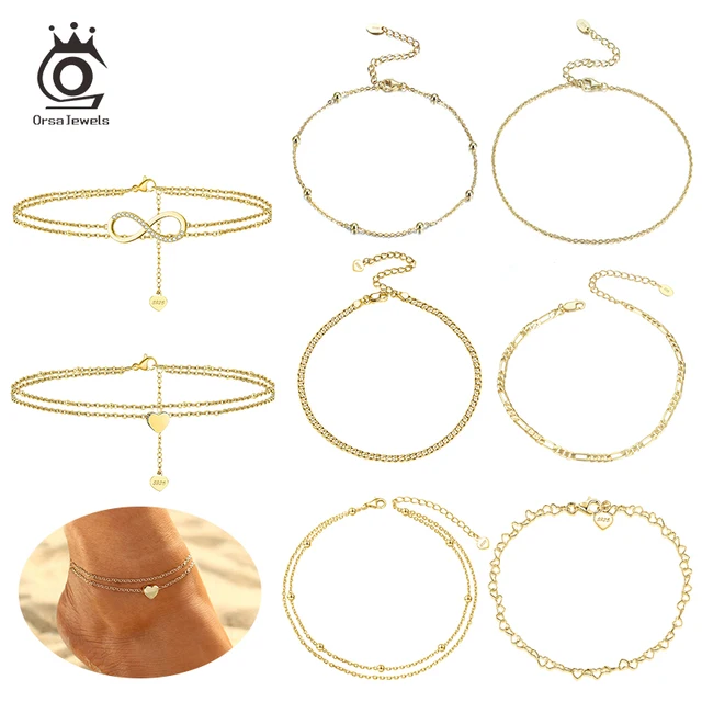 ORSA JEWELS koraliki regulowana bransoletka na kostkę 100% 925 srebro złoto srebro kolor dziewczyna kobiety boso kostki biżuteria prezent SA14