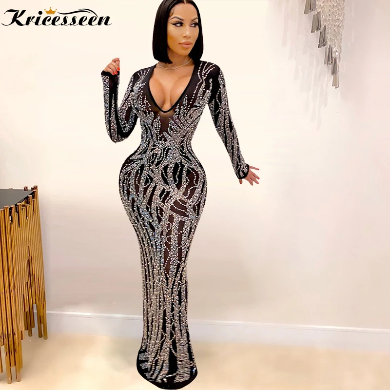 Kricesseen Sexy Black Crystal Mesh Maxi Dress Women Fashion Long Sleeve See Through Bodycon Party Clubwear Dress Robes Vestido