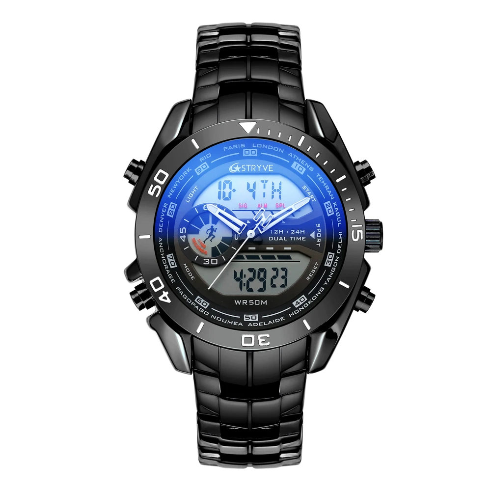 STYRVE Top Luxury Japan 2035 Movement Men Sports Watches Dual Display Waterproof Quartz Digital Military Watch zegarki damskie