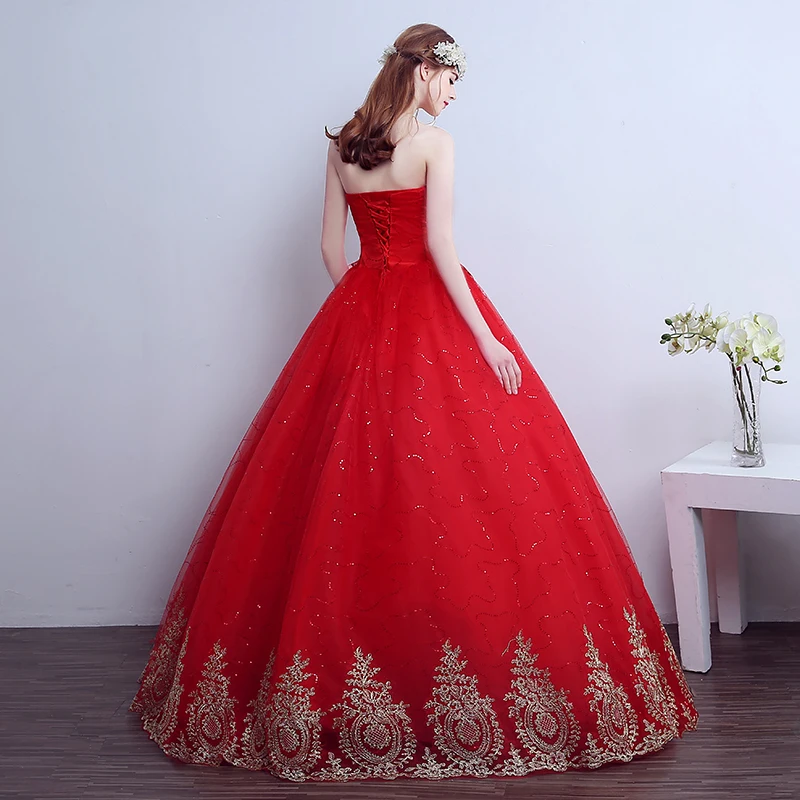 AnXin SH red lace flower princess bride vintage golden sparkly luxury strapless ball gown lace up customized wedding dress