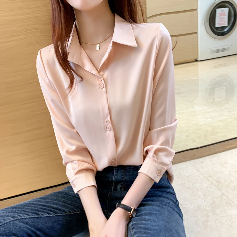 Women\'s Silk Shirts V-neck Solid Laides Tops Womens 2023 Autumn Fashion Satin Long Sleeve Blouses Button Up White OL Vintage Top