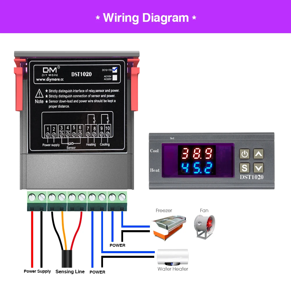 12V 24V DST1020 Dual LED Thermostat Temperature Controller Regulator High Accuracy DS18B20 Temperature Sensor Probe DC 12V-72V