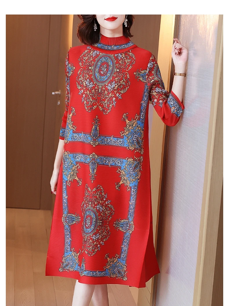 Female Red Knitted Fashion Print Midi Dress Autumn Winter Korean Vintage Loose Waist Dress 2024 New Elegant Bodycon Casual Dress