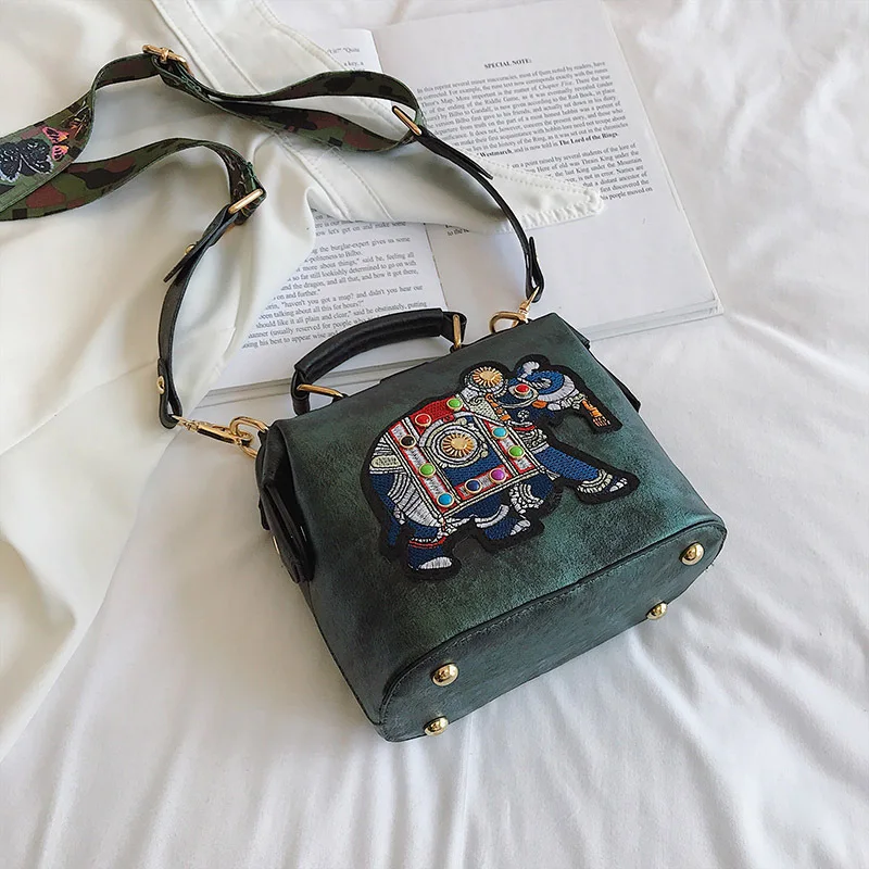 Hot Vintage Embroidered Elephant Bag Women\'s PU Leather Wide Handle One Shoulder Crossbody Women\'s Handbag Christmas Gift