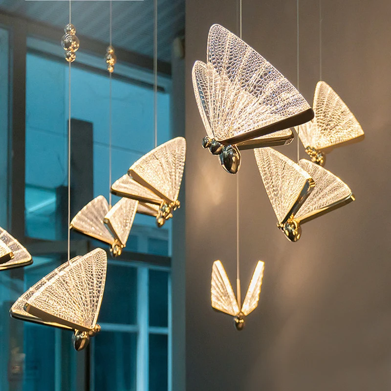 Acrylic Metal Butterfly Pendant Lights Nordic Living Room Decor Kitchen Bedroom Lamps Art Decor Stair Bar Dinning Room Lights