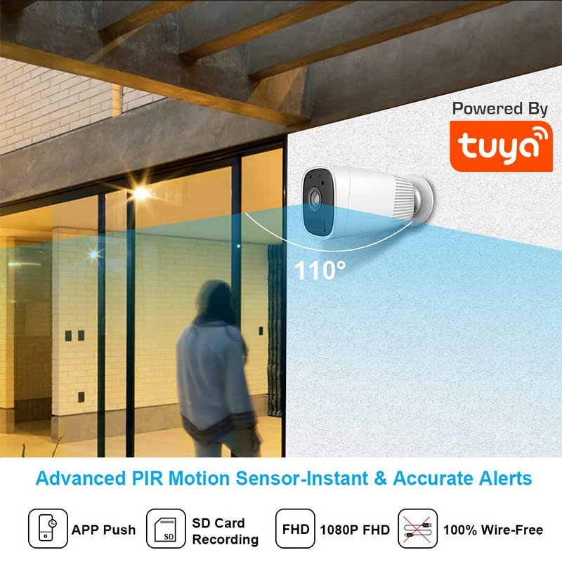 Tuya 1080P Battery Powered IP Camera Waterproof Outdoor WiFi Google Camera with Two Way Audio Night Vision PIR Motion Detect