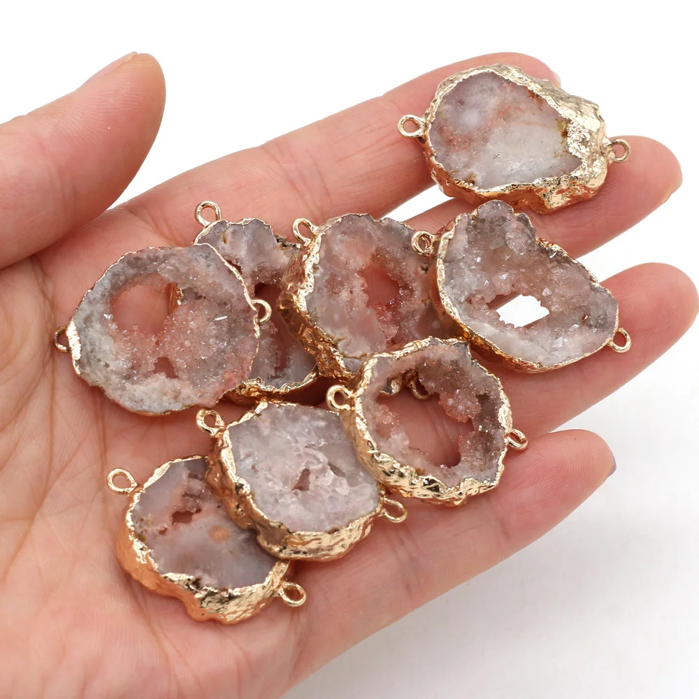 1pc Natural Druzy Pendants Gold Plated Double Hole Crystal Agates Connector for Women Jewelry Making Necklace Accessories