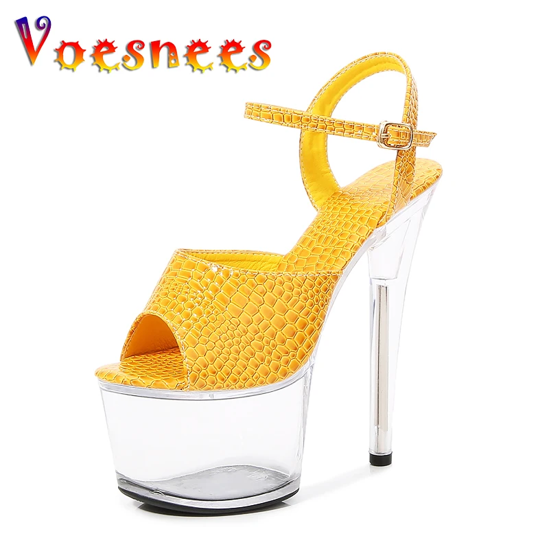 Voensees Pole Dance Clear Shoes Transparent Sandals Female ShoesThin Heels Platform 2021 New Crystal High Heels 17cm Sexy  Shown