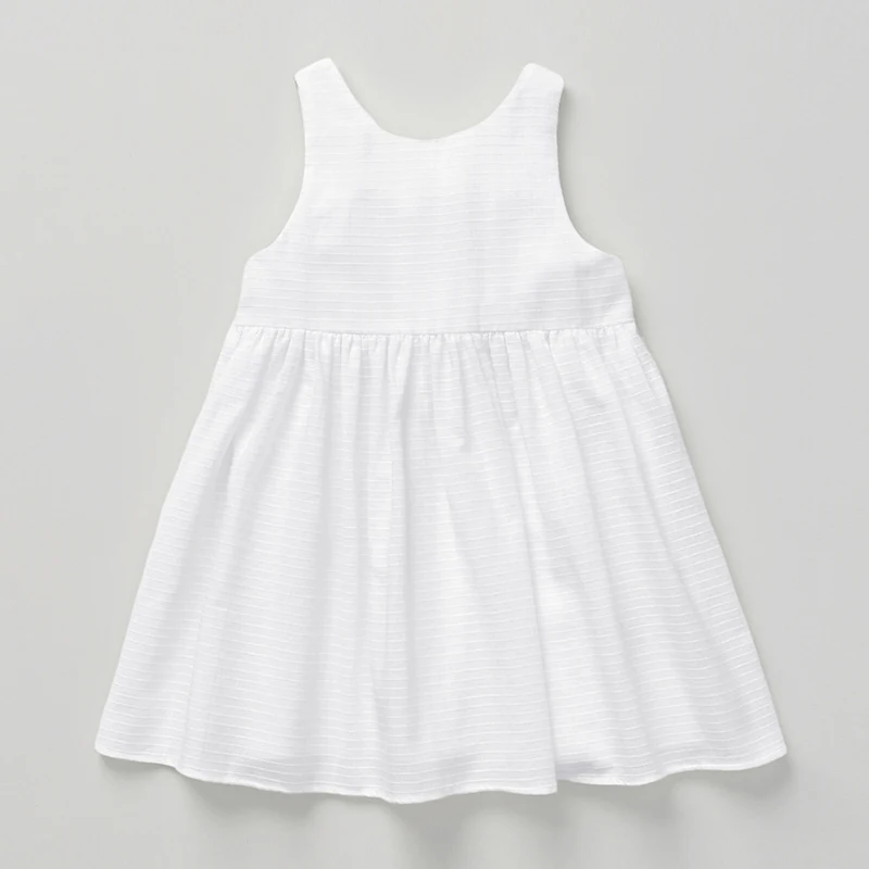 Vestido branco sem mangas de algodão texturizado Baby Girl, criança, gola redonda, botão de costas baixas, vestidos infantis, verão, novo, TZ79, 2024