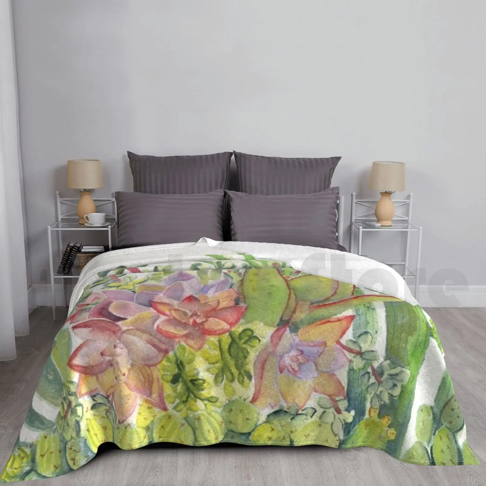 Cactus Garden Watercolor Blanket Fashion Custom Cactus Cacti Garden Watercolor Succulent Succulents Desert