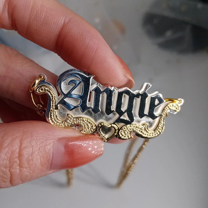 

Custom 3D Old English Nameplate Necklace For Women Double Plate Name Heart Necklace Two Layer HipHop Jelwery Gifts