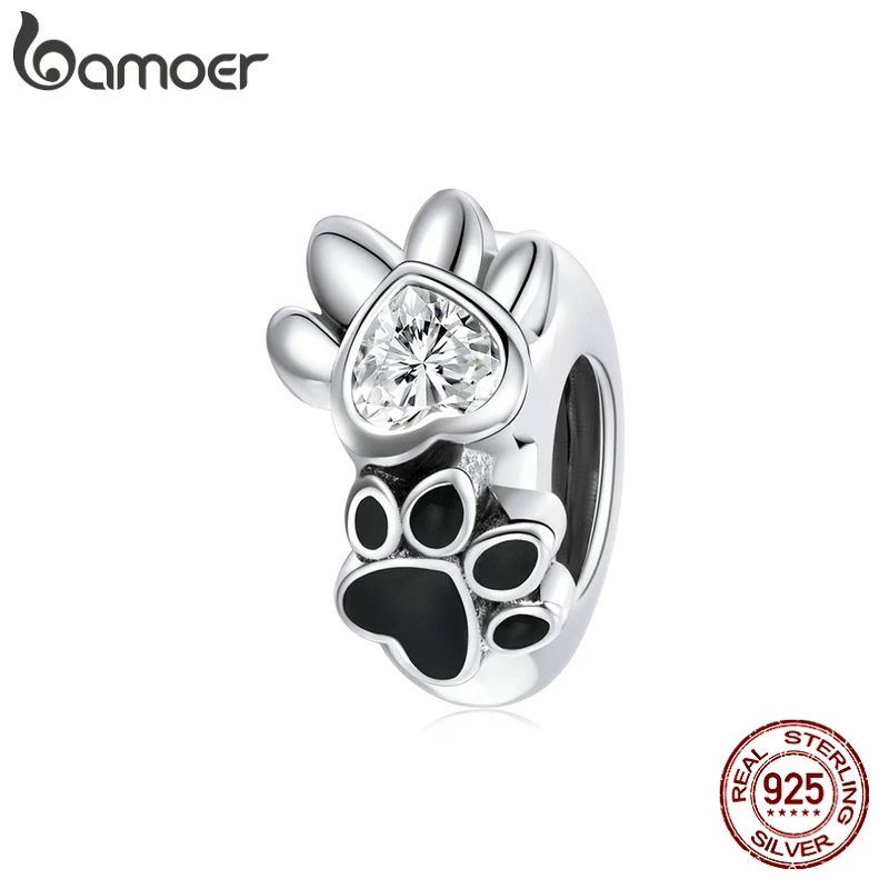 bamoer 925 Sterling Silver Pet Paw Charm Bead Stopper Zircon Charm for Original Bracelet Bangle Women DIY Making Jewelry SCC1846