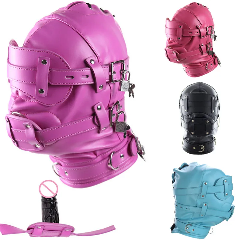 4 Colours Sex Bondage Mask Hood Headgear With Dildo Mouth Gags Penis Restraint For Women Couples Fetish Slave BDSM Adult Games