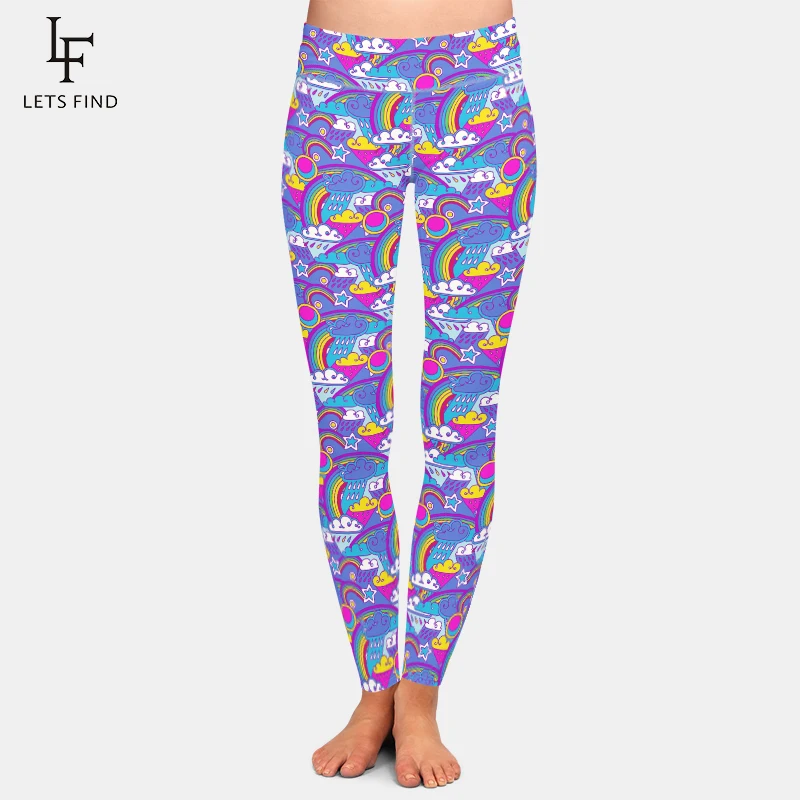 

LETSFIND 2021 New High Quaility Girl Fitness Leggings 3D Rain And Rainbow Doodle Print High Waist Women's Leggings