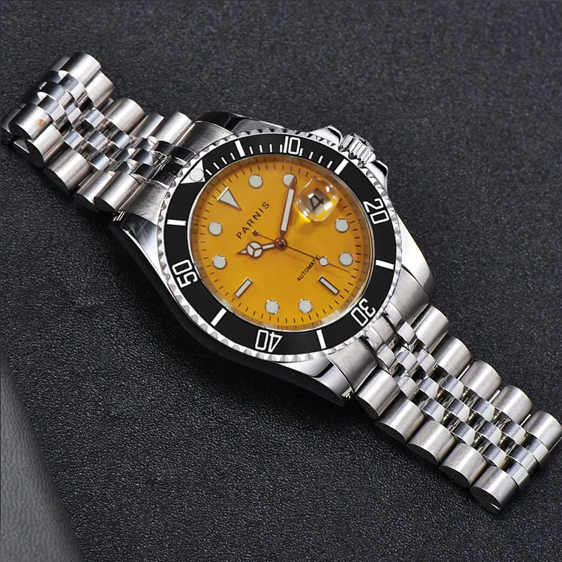 Parnis 40mm Yellow Dial Mechanical Automatic Watch Men Black Ceramic Bezel Miyota 8215 Movement Calendar Men\'s Watches 2023 Gift