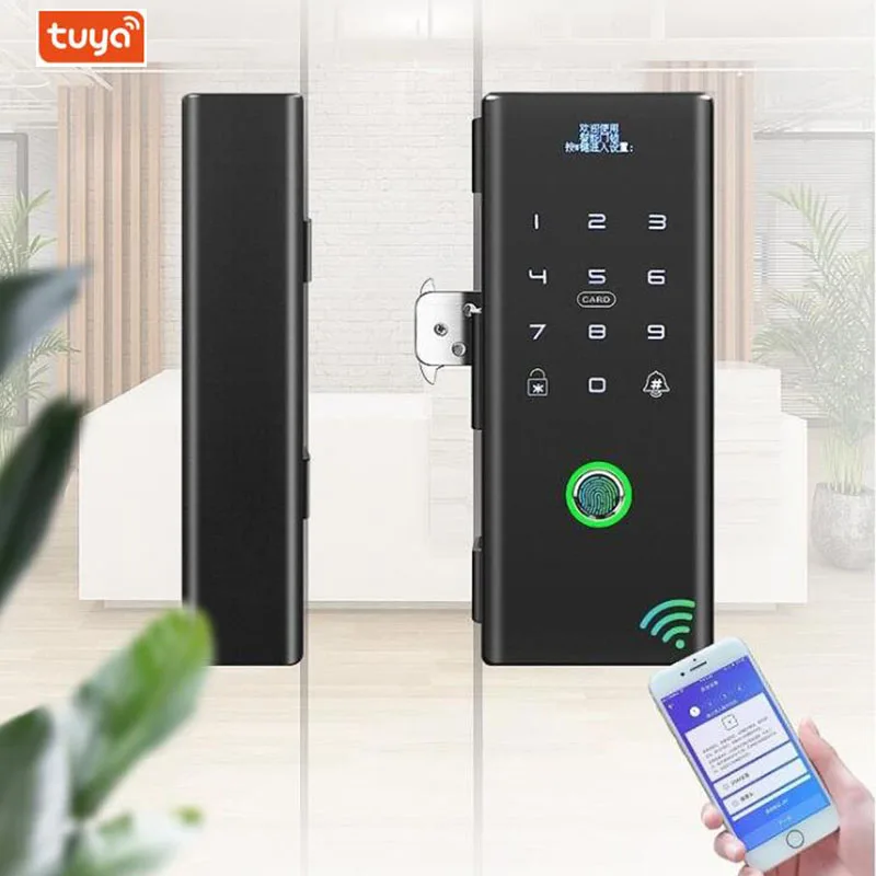 Smart Glass Door Biometric fingerprint lock RFID Card Code Remote control Phone App Wifi Tuya Office Electric Lock Sliding door