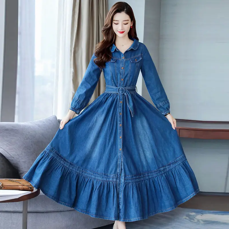 2023 Spring Autumn Denim Dress Female Fashion Doll Collar Dress Korean Womens Clothing Single-breasted Denim Dresses aq260