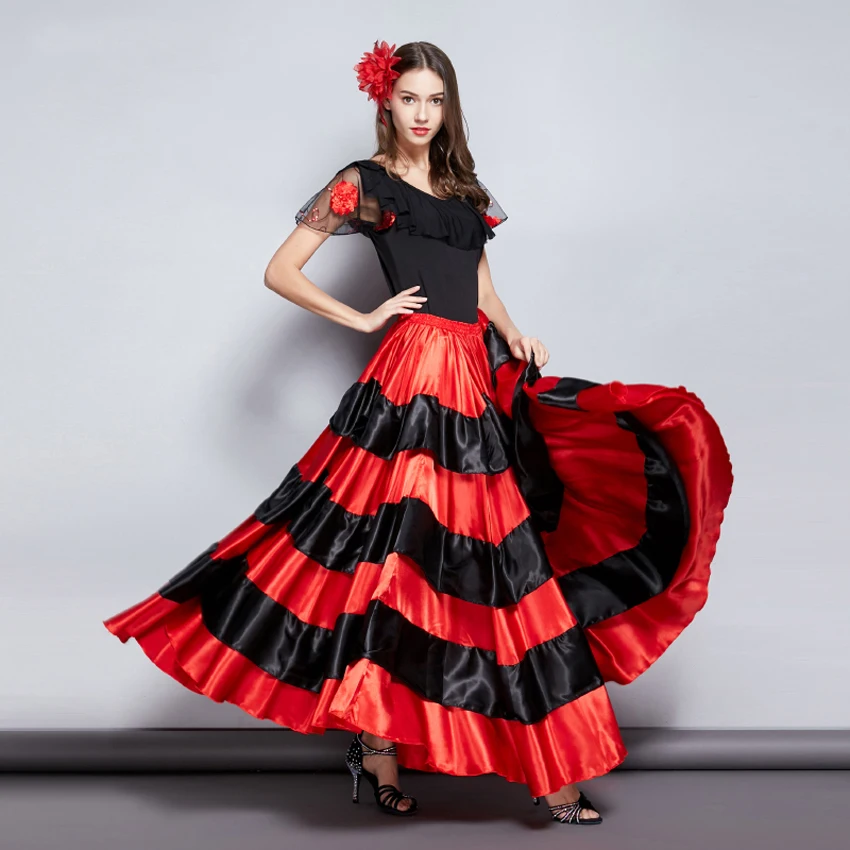 Adult Kids Gypsy Girls Women Spanish Flamenco Skirt Striped Satin Silk Big Swing Belly Dancing Red Skirt Team Performance