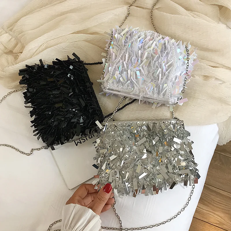 Fashion Design Luxury Silver Sequin Rhinestone Tassel Women Small Shoulder Bags Chain Elegant Ladies Party Evening Clutch Purse